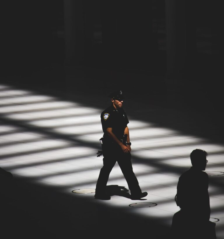 a police officer walking in a building