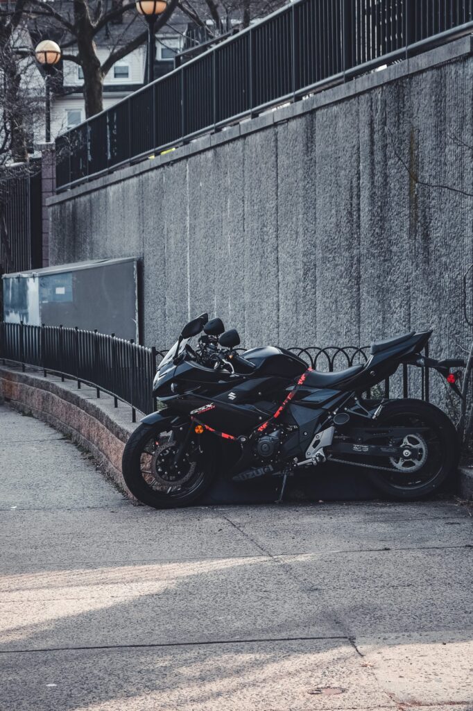 a motorcycle parked in a serene environment