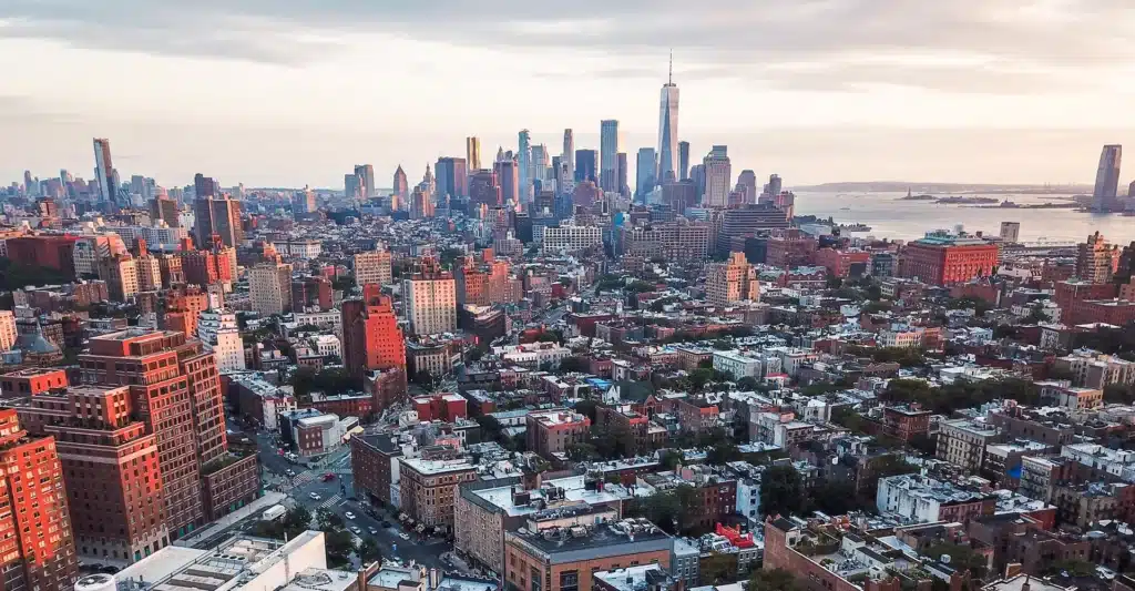 Bronx New York drone photo of skyline full of buildings