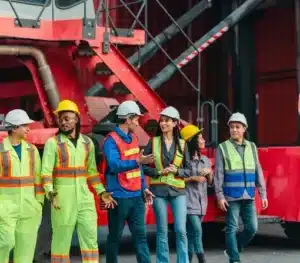 Team of workers walking and talking in a container yard.